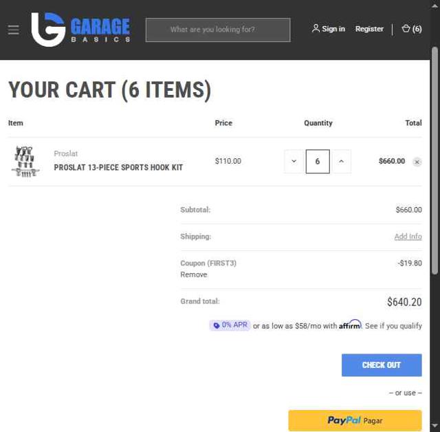 Garage Basics checkout page showing Garage Basics promo code box | Screenshot taken by SimplyCodes community member on Sep 19, 2025