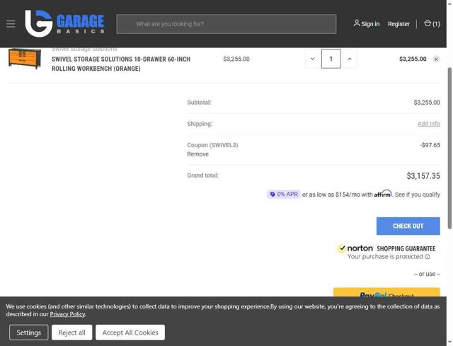 Garage Basics checkout page showing Garage Basics promo code box | Screenshot taken by SimplyCodes community member on Aug 27, 2025