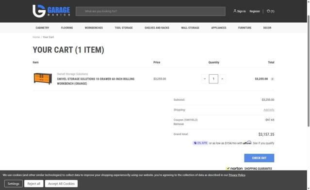 Garage Basics checkout page showing Garage Basics promo code box | Screenshot taken by SimplyCodes community member on Sep 25, 2025