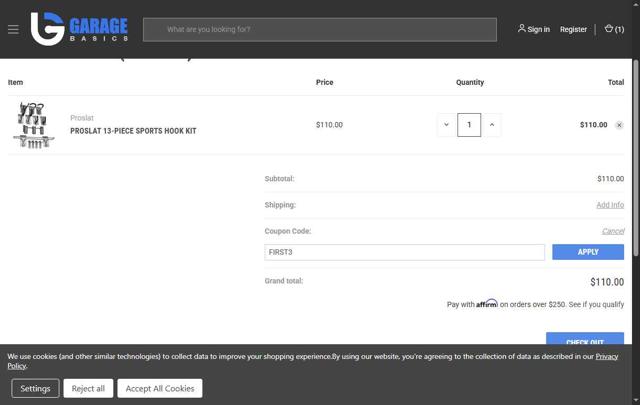 Garage Basics checkout page showing Garage Basics promo code box | Screenshot taken by SimplyCodes community member on Aug 19, 2025