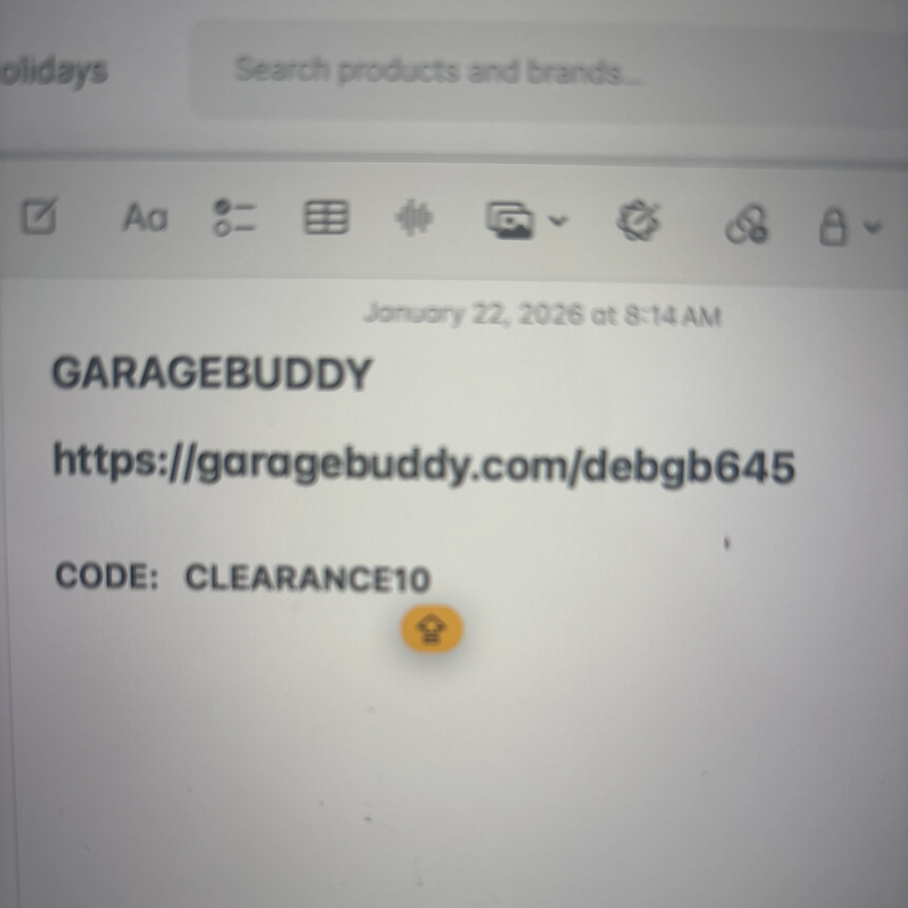 GarageBuddy promo code screenshot showing code CLEARANCE10 applied at GarageBuddy checkout page. Uploaded by SimplyCodes community member DebFalc on Jan 22, 2026
