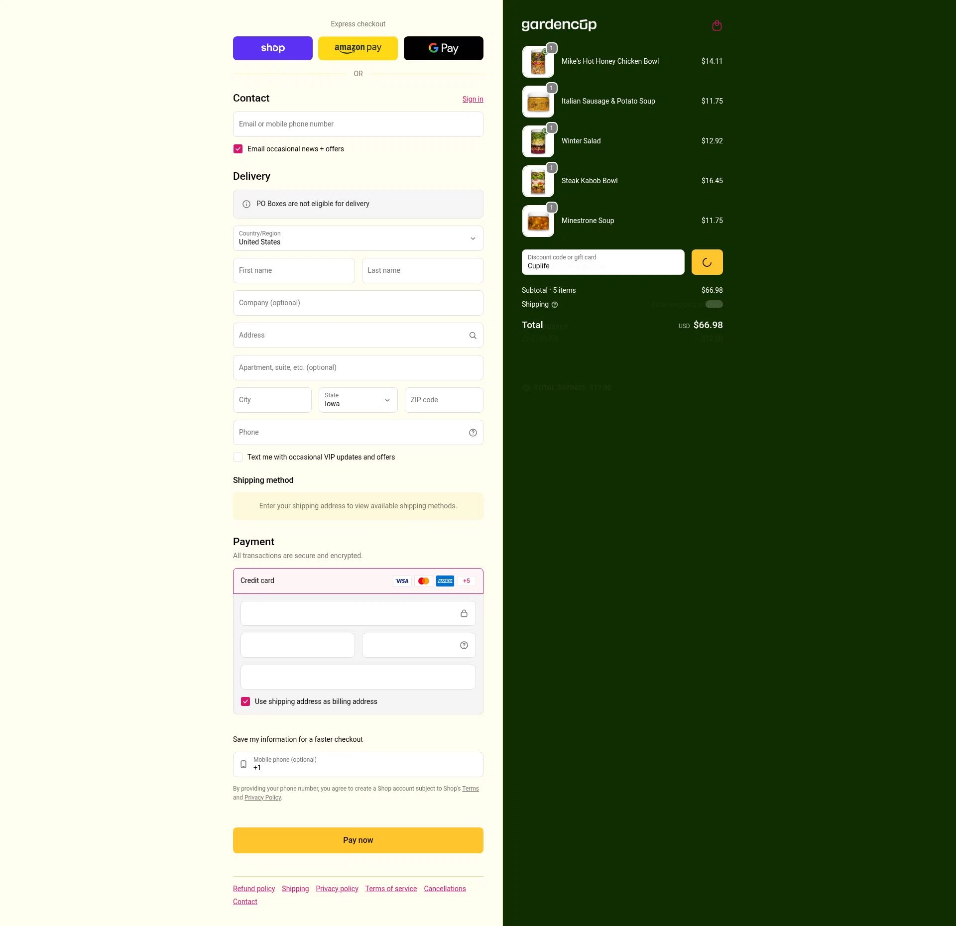 Gardencup checkout page showing Gardencup discount code box | Screenshot taken by SimplyCodes community member on Feb 5, 2026