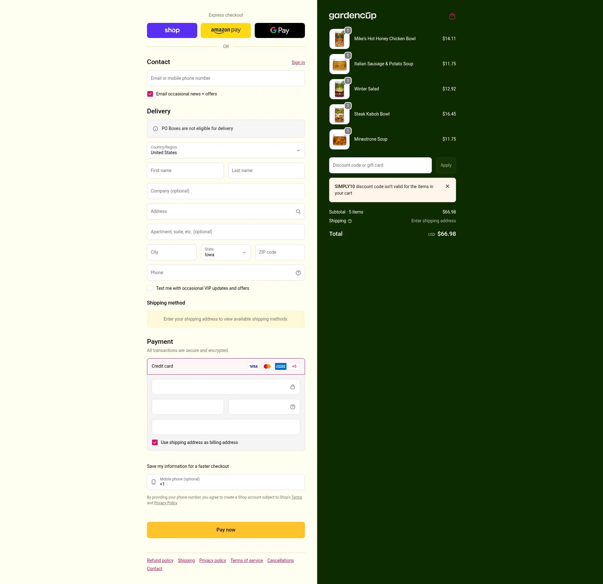 Gardencup checkout page showing Gardencup discount code box | Screenshot taken by SimplyCodes community member on Feb 5, 2026