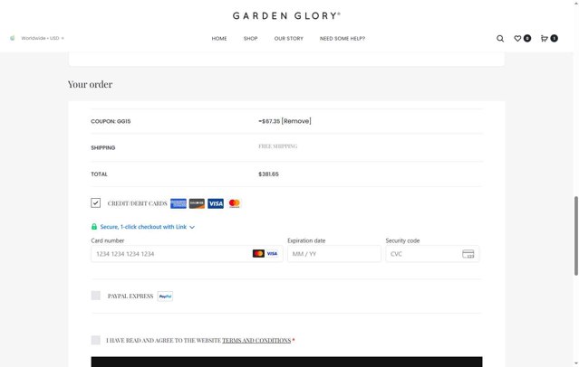 Garden Glory checkout page showing Garden Glory coupon code box | Screenshot taken by SimplyCodes community member on Jul 24, 2025