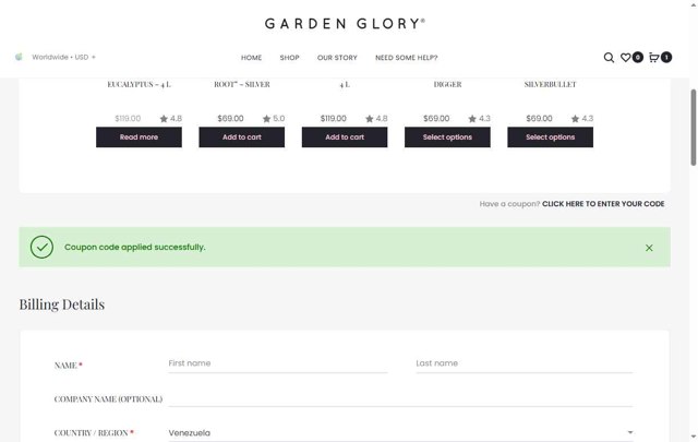 Garden Glory checkout page showing Garden Glory coupon code box | Screenshot taken by SimplyCodes community member on Jul 24, 2025