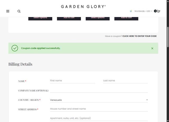 Garden Glory checkout page showing Garden Glory coupon code box | Screenshot taken by SimplyCodes community member on Jul 24, 2025