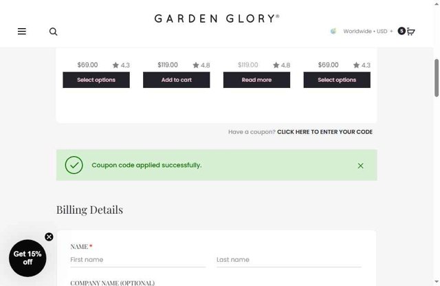 Garden Glory checkout page showing Garden Glory coupon code box | Screenshot taken by SimplyCodes community member on Jul 24, 2025