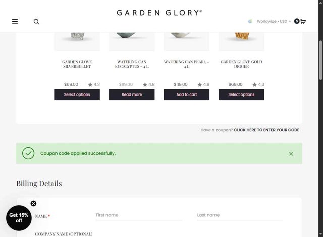Garden Glory checkout page showing Garden Glory coupon code box | Screenshot taken by SimplyCodes community member on Jul 24, 2025