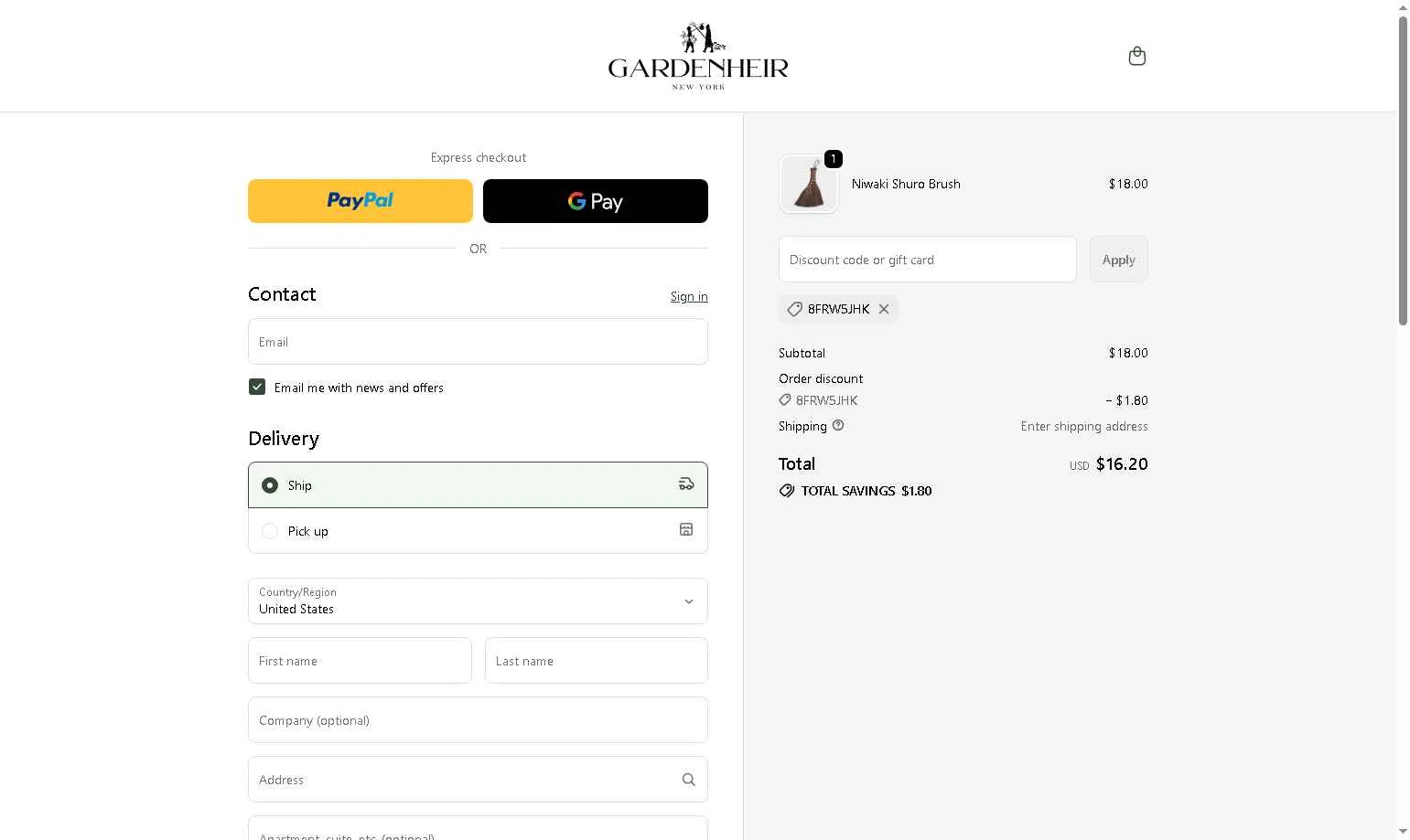 Gardenheir checkout page showing Gardenheir discount code box | Screenshot taken by SimplyCodes community member on Feb 5, 2026