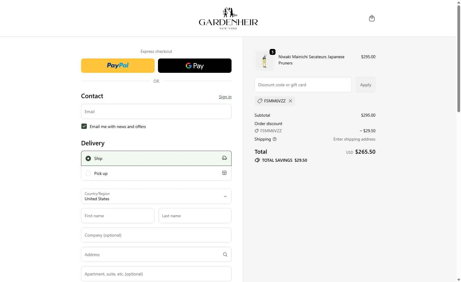 Gardenheir checkout page showing Gardenheir discount code box | Screenshot taken by SimplyCodes community member on Feb 1, 2026