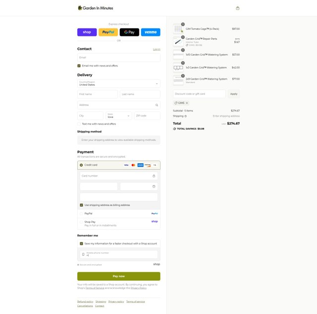 Garden In Minutes checkout page showing Garden In Minutes coupon code box | Screenshot taken by SimplyCodes community member on Sep 6, 2025