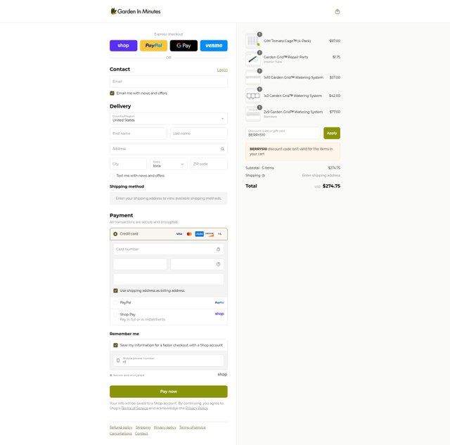 Garden In Minutes checkout page showing Garden In Minutes coupon code box | Screenshot taken by SimplyCodes community member on Sep 6, 2025