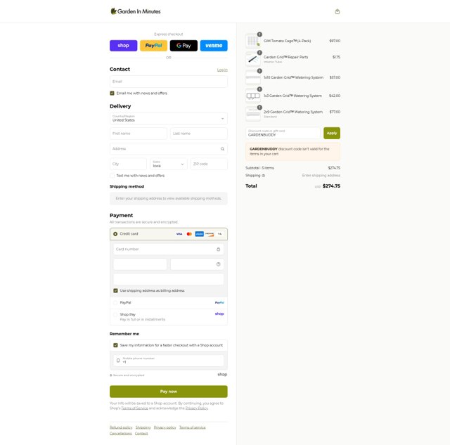 Garden In Minutes checkout page showing Garden In Minutes coupon code box | Screenshot taken by SimplyCodes community member on Sep 6, 2025