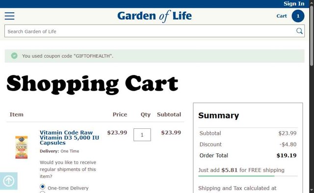 Garden of Life checkout page showing Garden of Life discount code box | Screenshot taken by SimplyCodes community member on Jul 19, 2025