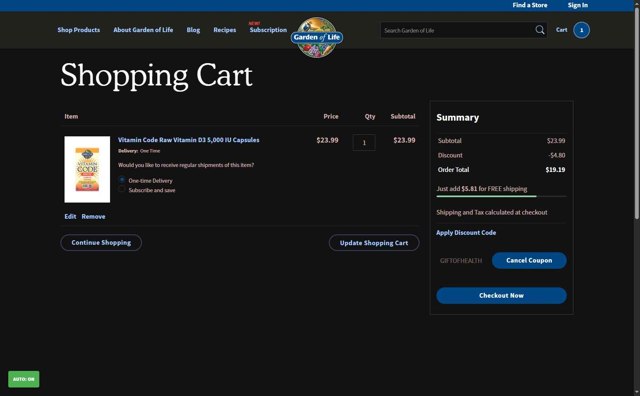 Garden of Life checkout page showing Garden of Life discount code box | Screenshot taken by SimplyCodes community member on Aug 17, 2025