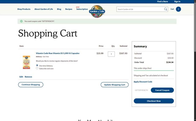Garden of Life checkout page showing Garden of Life discount code box | Screenshot taken by SimplyCodes community member on Jul 19, 2025