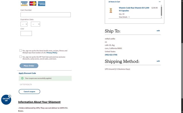 Garden of Life checkout page showing Garden of Life discount code box | Screenshot taken by SimplyCodes community member on Aug 29, 2025