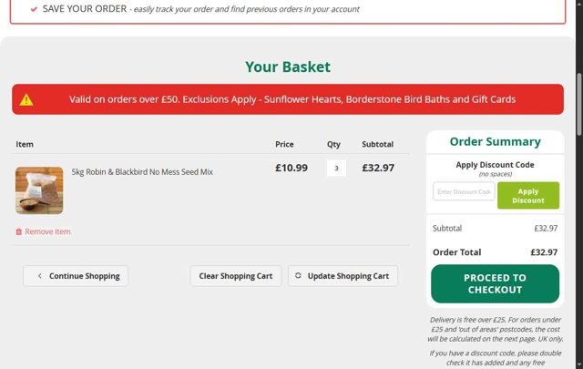 Garden Wildlife Direct checkout page showing Garden Wildlife Direct promo code box | Screenshot taken by SimplyCodes community member on Aug 1, 2025