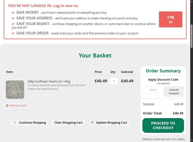 Garden Wildlife Direct checkout page showing Garden Wildlife Direct promo code box | Screenshot taken by SimplyCodes community member on Aug 4, 2025