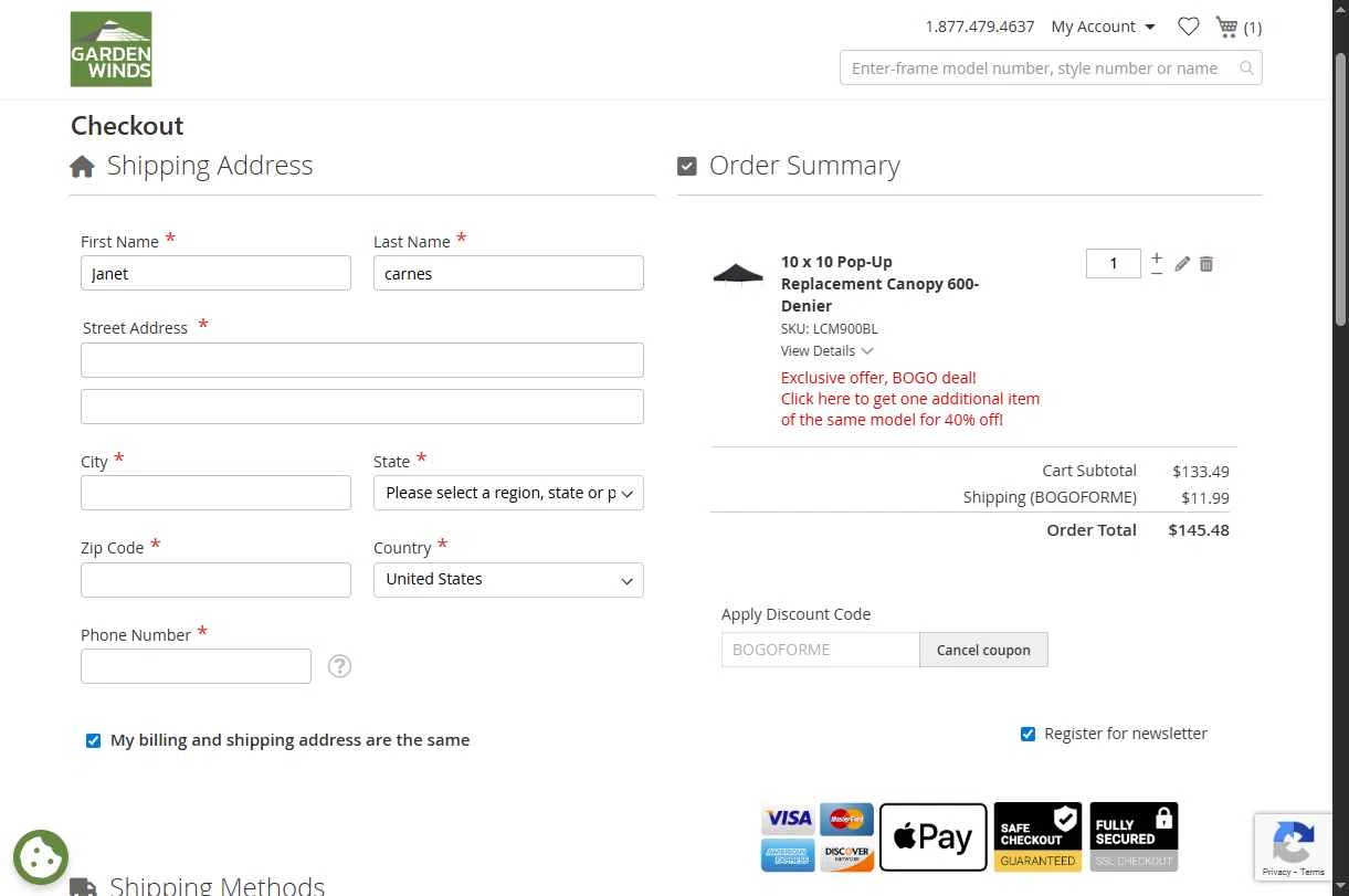 Garden Winds checkout page showing Garden Winds discount code box | Screenshot taken by SimplyCodes community member on Nov 11, 2025