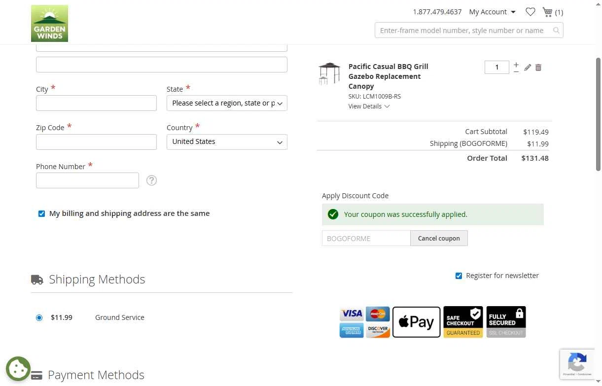 Garden Winds checkout page showing Garden Winds discount code box | Screenshot taken by SimplyCodes community member on Jan 6, 2026