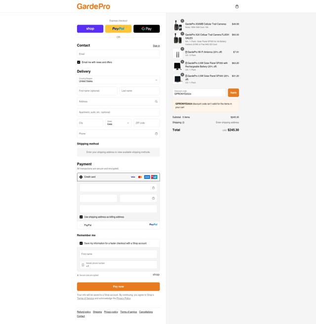 GardePro checkout page showing GardePro discount code box | Screenshot taken by SimplyCodes community member on Sep 12, 2025