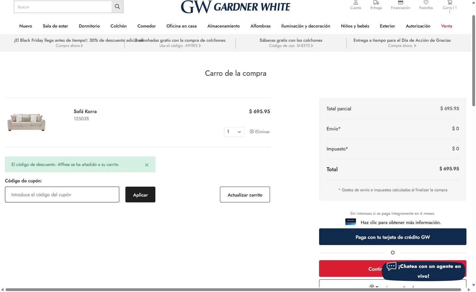 Gardner-White checkout page showing Gardner-White promo code box | Screenshot taken by SimplyCodes community member on Nov 1, 2025