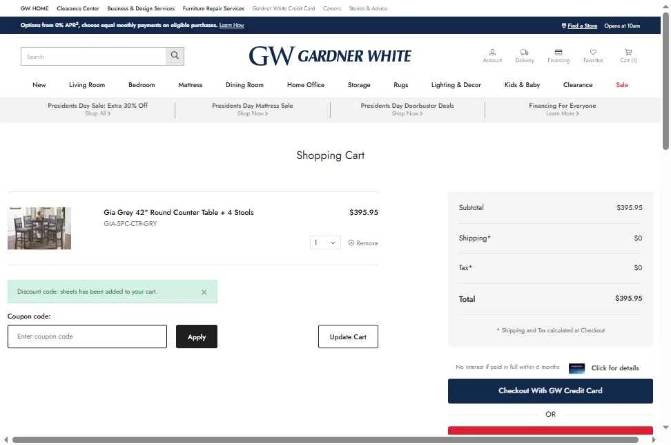 Gardner-White checkout page showing Gardner-White promo code box | Screenshot taken by SimplyCodes community member on Feb 5, 2026