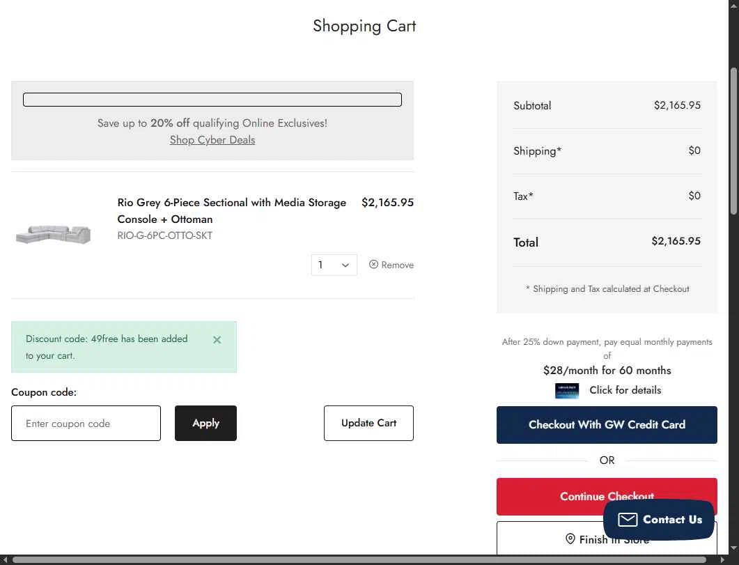 Gardner-White checkout page showing Gardner-White promo code box | Screenshot taken by SimplyCodes community member on Nov 30, 2025