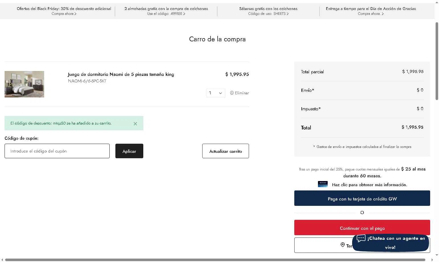 Gardner-White checkout page showing Gardner-White promo code box | Screenshot taken by SimplyCodes community member on Nov 12, 2025