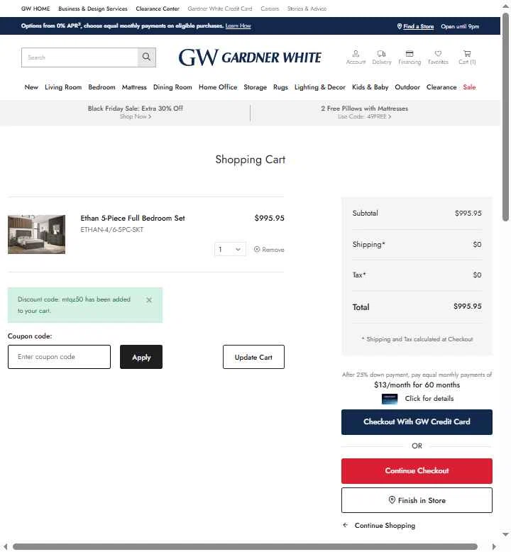 Gardner-White checkout page showing Gardner-White promo code box | Screenshot taken by SimplyCodes community member on Nov 12, 2025