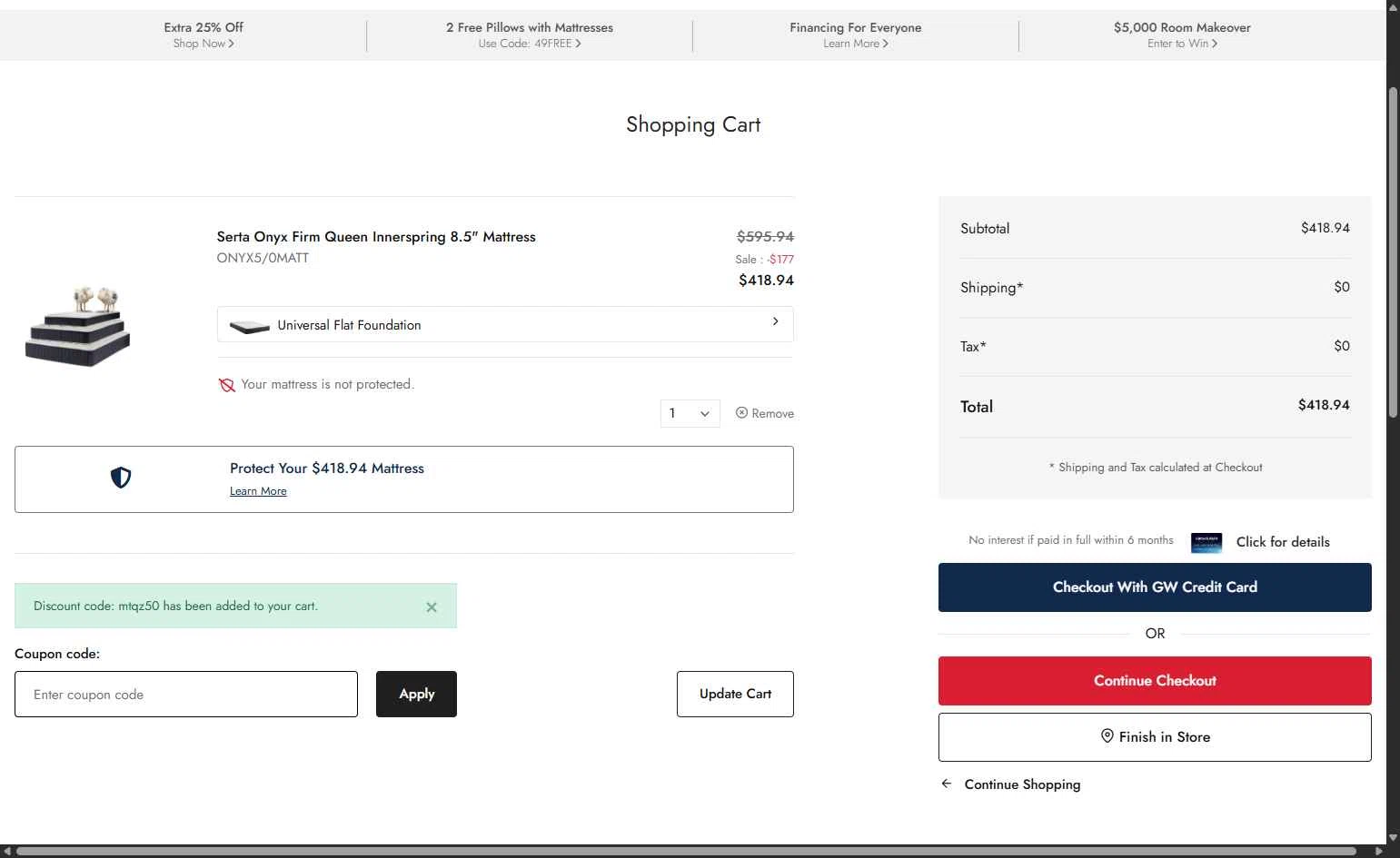 Gardner-White checkout page showing Gardner-White promo code box | Screenshot taken by SimplyCodes community member on Jan 18, 2026