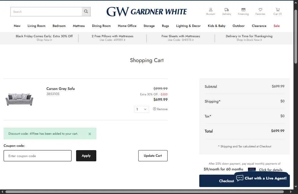 Gardner-White checkout page showing Gardner-White promo code box | Screenshot taken by SimplyCodes community member on Nov 1, 2025