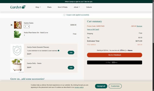 Gardyn checkout page showing Gardyn promo code box | Screenshot taken by SimplyCodes community member on Jul 15, 2025
