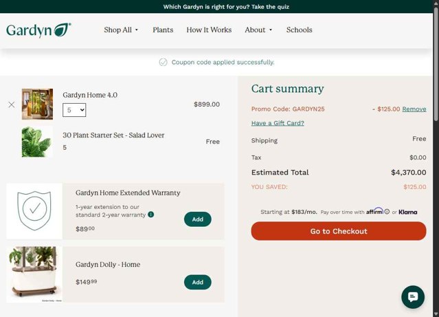 Gardyn checkout page showing Gardyn promo code box | Screenshot taken by SimplyCodes community member on Aug 9, 2025