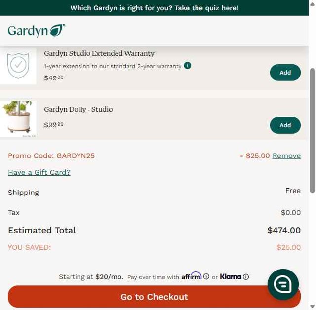 Gardyn checkout page showing Gardyn promo code box | Screenshot taken by SimplyCodes community member on Jun 21, 2025