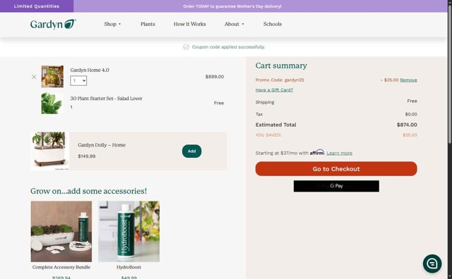 Gardyn checkout page showing Gardyn promo code box | Screenshot taken by SimplyCodes community member on Apr 29, 2025