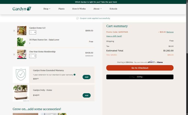 Gardyn checkout page showing Gardyn promo code box | Screenshot taken by SimplyCodes community member on Jul 3, 2025