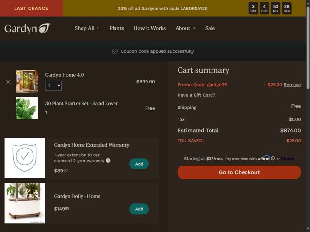 Gardyn checkout page showing Gardyn promo code box | Screenshot taken by SimplyCodes community member on Aug 29, 2025