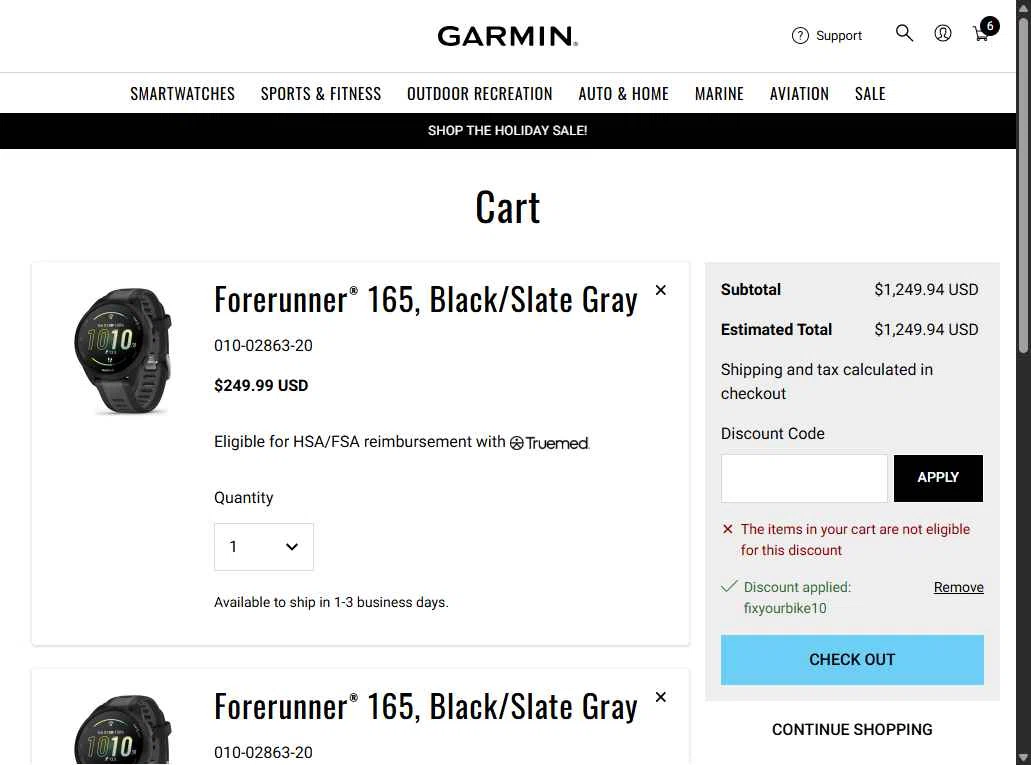 Garmin checkout page showing Garmin discount code box | Screenshot taken by SimplyCodes community member on Dec 12, 2025