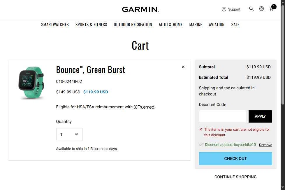 Garmin checkout page showing Garmin discount code box | Screenshot taken by SimplyCodes community member on Dec 29, 2025