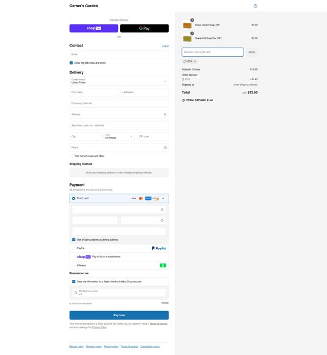 Garner's Garden checkout page showing Garner's Garden discount code box | Screenshot taken by SimplyCodes community member on Jun 7, 2025