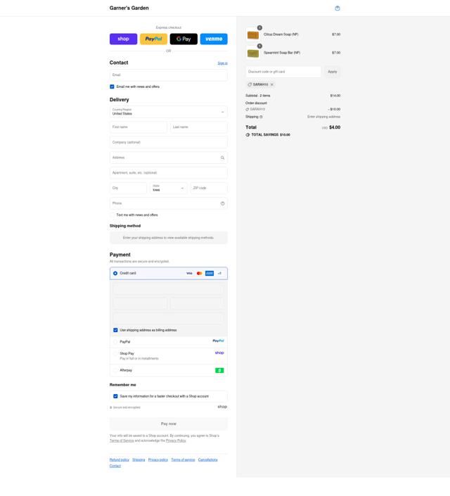 Garner's Garden checkout page showing Garner's Garden discount code box | Screenshot taken by SimplyCodes community member on Sep 11, 2025
