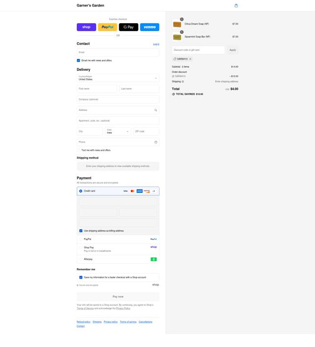 Garner's Garden checkout page showing Garner's Garden discount code box | Screenshot taken by SimplyCodes community member on Sep 7, 2025