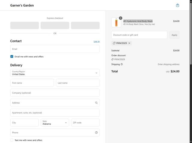 Garner's Garden checkout page showing Garner's Garden discount code box | Screenshot taken by SimplyCodes community member on May 19, 2025