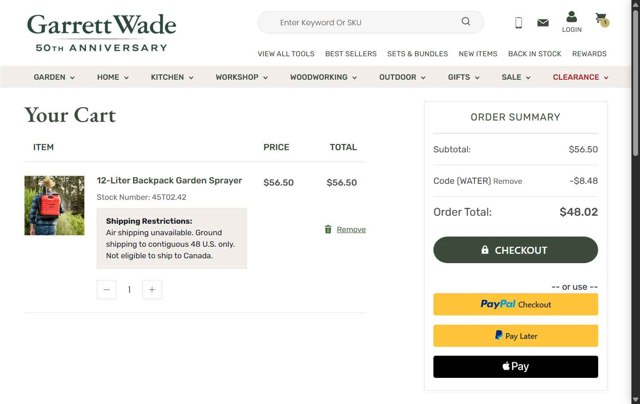 Garrett Wade checkout page showing Garrett Wade promo code box | Screenshot taken by SimplyCodes community member on Aug 25, 2025