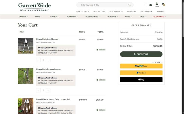 Garrett Wade checkout page showing Garrett Wade promo code box | Screenshot taken by SimplyCodes community member on Aug 29, 2025