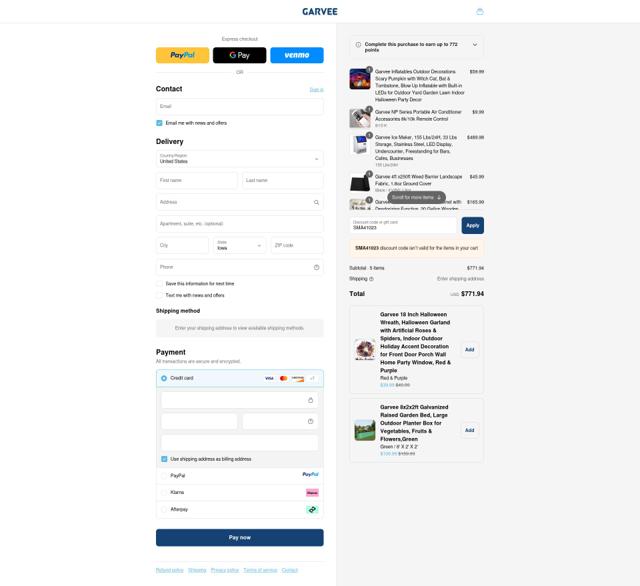 GARVEE checkout page showing GARVEE discount code box | Screenshot taken by SimplyCodes community member on Sep 17, 2025