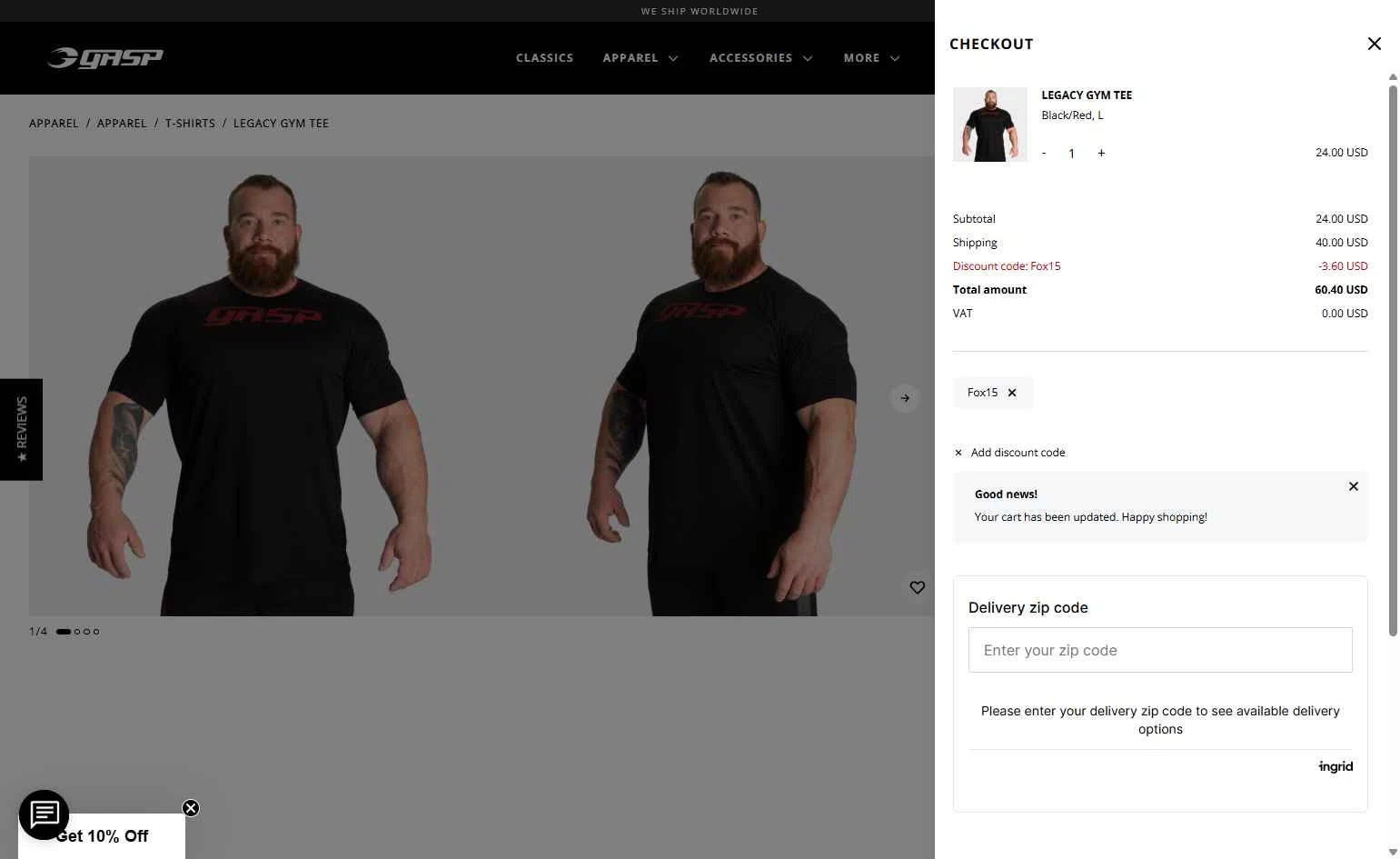 GASP checkout page showing GASP discount code box | Screenshot taken by SimplyCodes community member on Feb 11, 2026