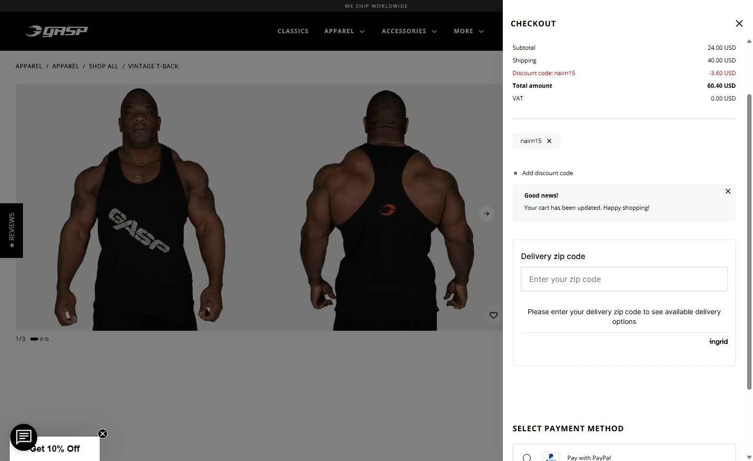 GASP checkout page showing GASP discount code box | Screenshot taken by SimplyCodes community member on Feb 13, 2026